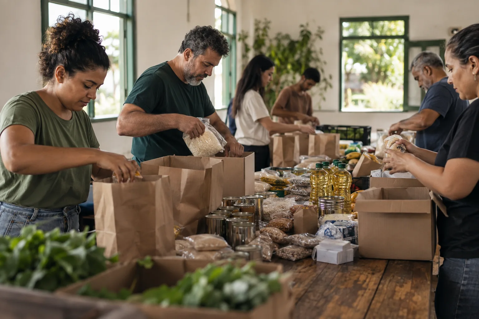 Voluntários organizando alimentos e itens de cuidado em uma ação comunitária
