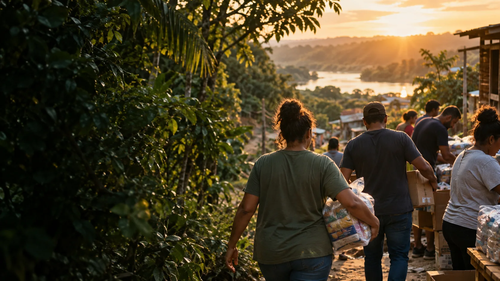 Voluntários levando mantimentos a uma comunidade ao pôr do sol