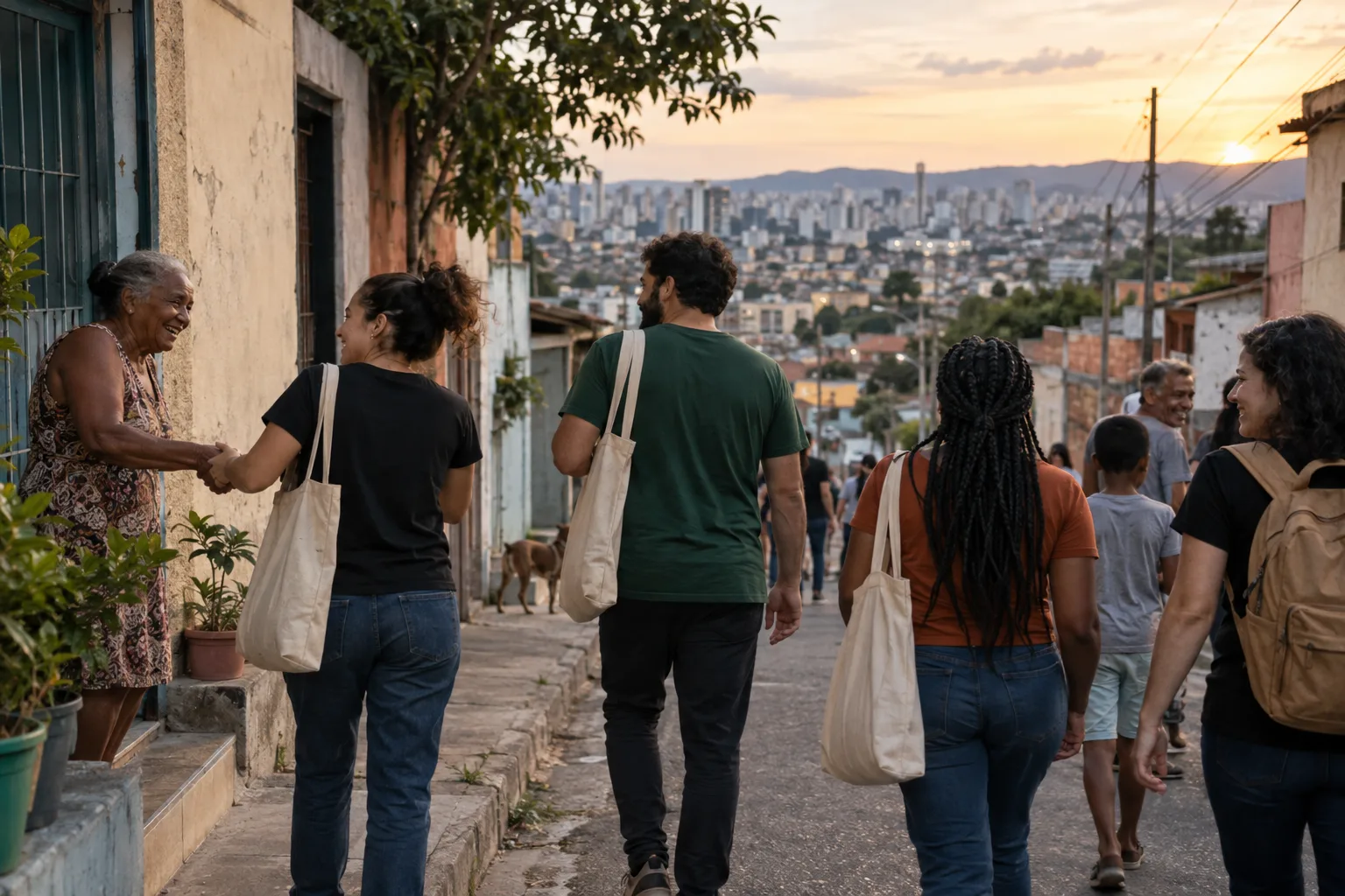 Voluntários caminhando por um bairro e cumprimentando moradores